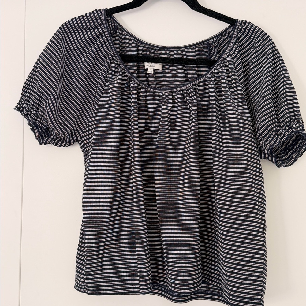 Madewell Striped Navy and White Short Puff Sleeve Women's Top